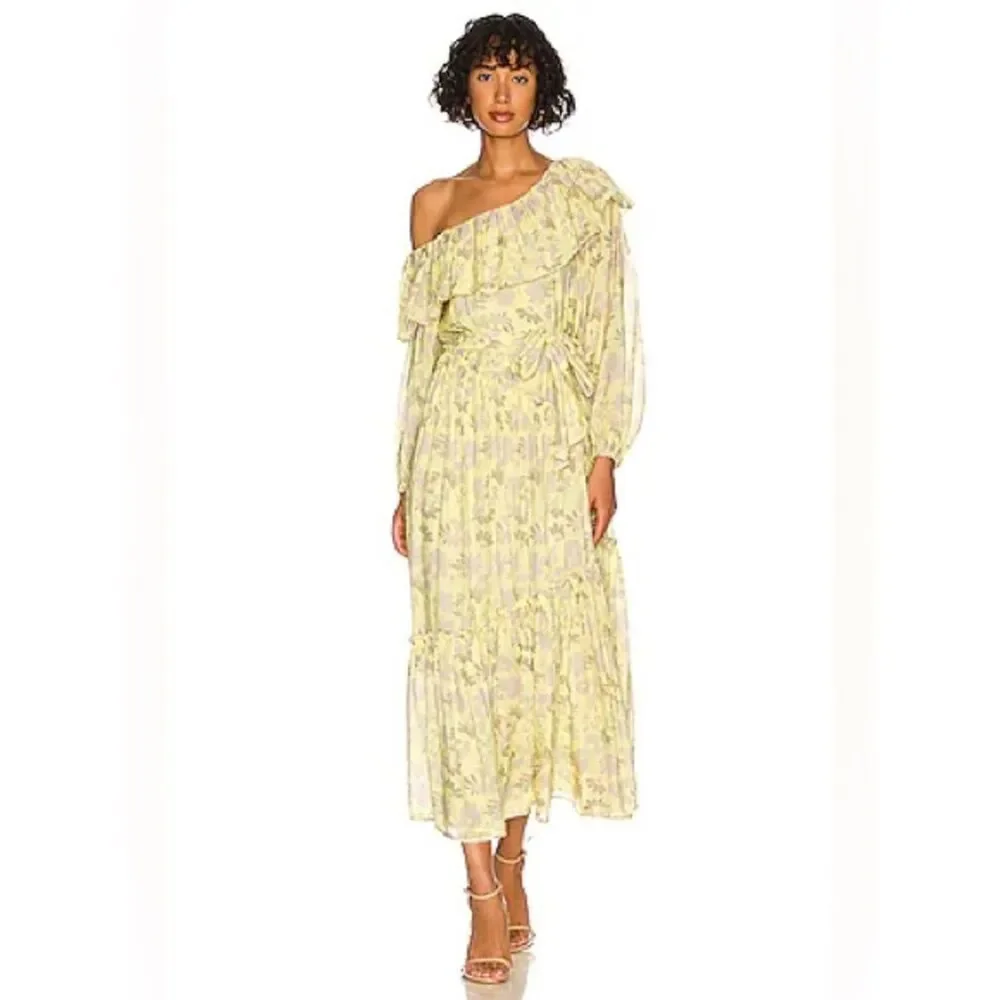 ASTR The Label x Revolve Kaylani Ruffle Dress in Gray Yellow Floral Size Medium